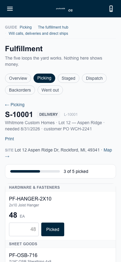 Picking screen on a phone