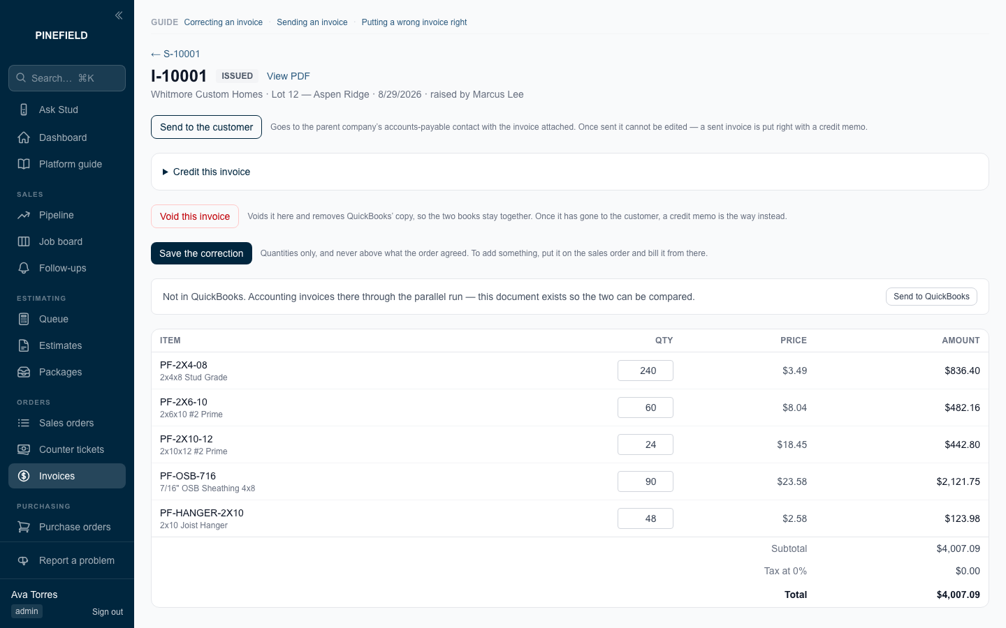 Invoice ready to push to QuickBooks
